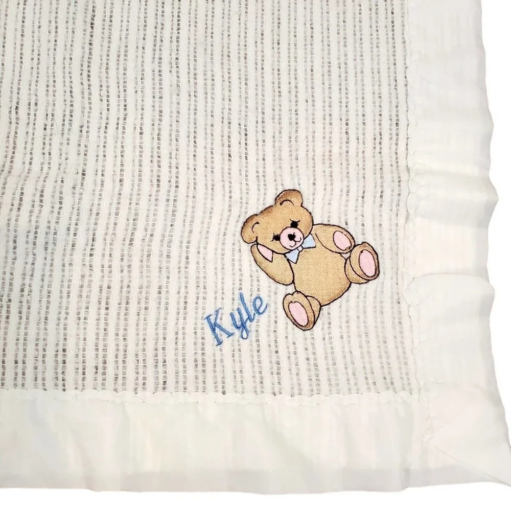 Vintage Beacon White Waffle Weave Baby Blanket Nylon Trim Teddy Bear Kyle 50x33‎
